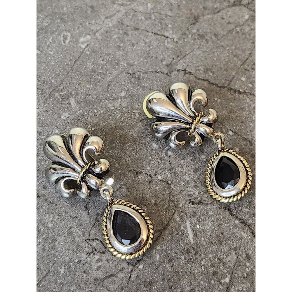 Silver Tone Black‎ Onyx Dangle Earrings Fleur de Lis